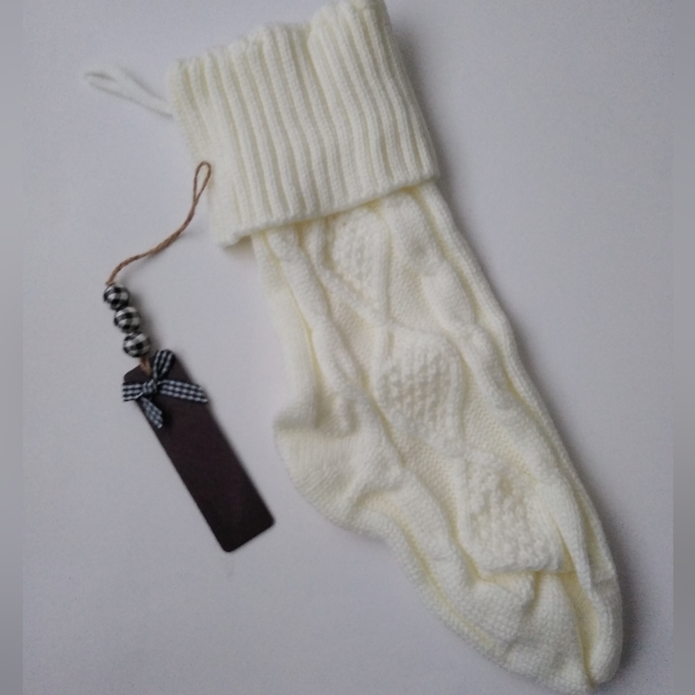 Beige Sweater Knit Christmas Stocking with Name Tag
